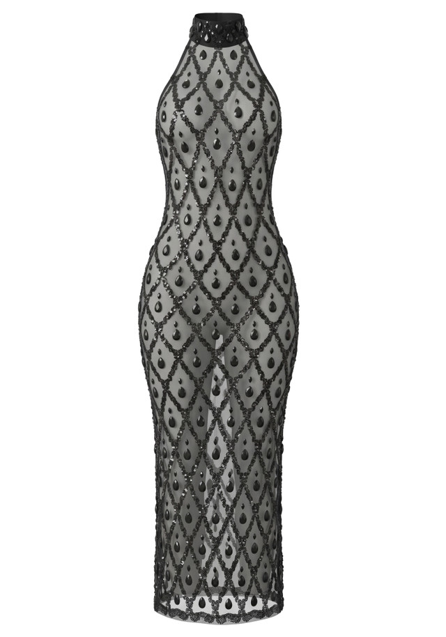 Crystal Sequin Mesh Maxi Dress Black