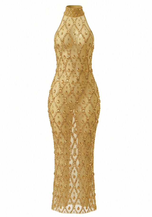 Crystal Sequin Mesh Maxi Dress Gold