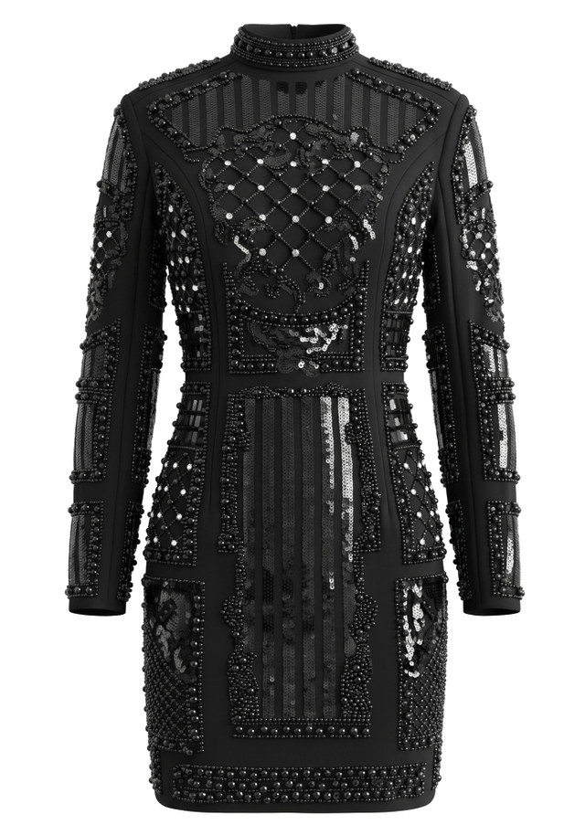 Long Sleeve Sequin Embellished Dress Black