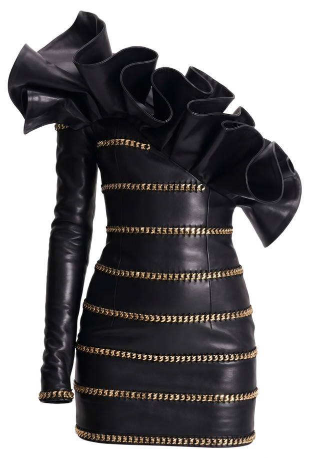 One Sleeve Ruffle Chain Dress Black