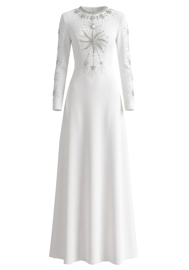 Long Sleeve Crystal Embellished A Line Maxi Dress White