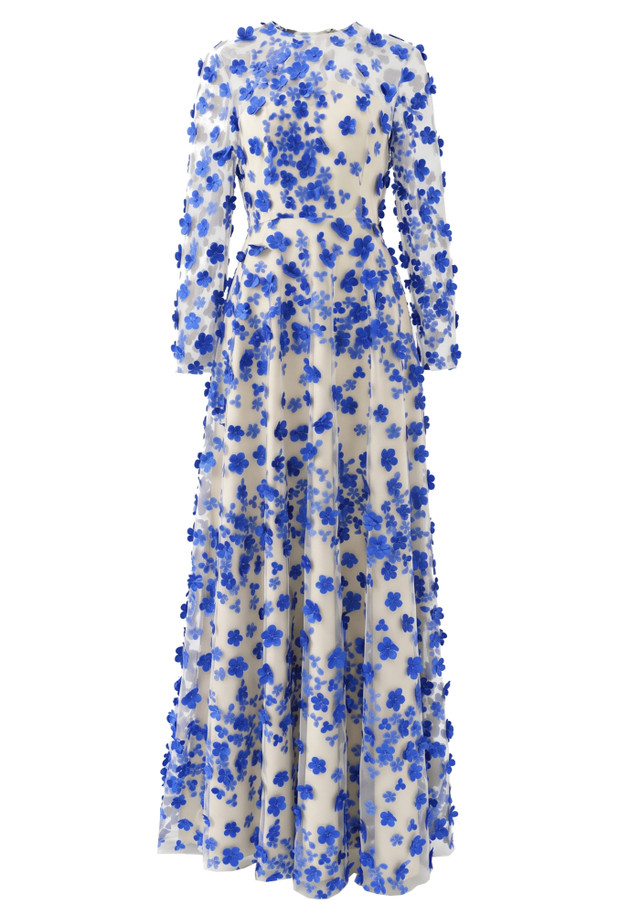 Long Sleeve Floral Mesh A Line Maxi Dress Blue