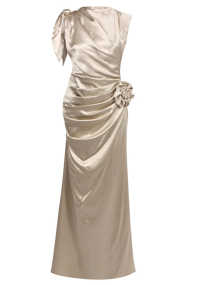 Floral Detail Draped Maxi Dress Gold