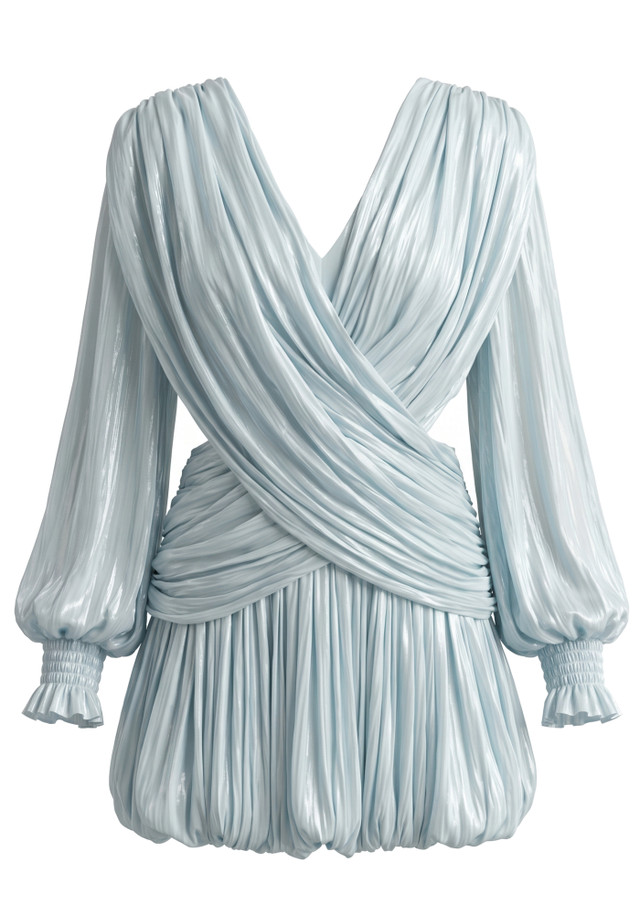 Long Sleeve Draped Bubble Dress Light Blue