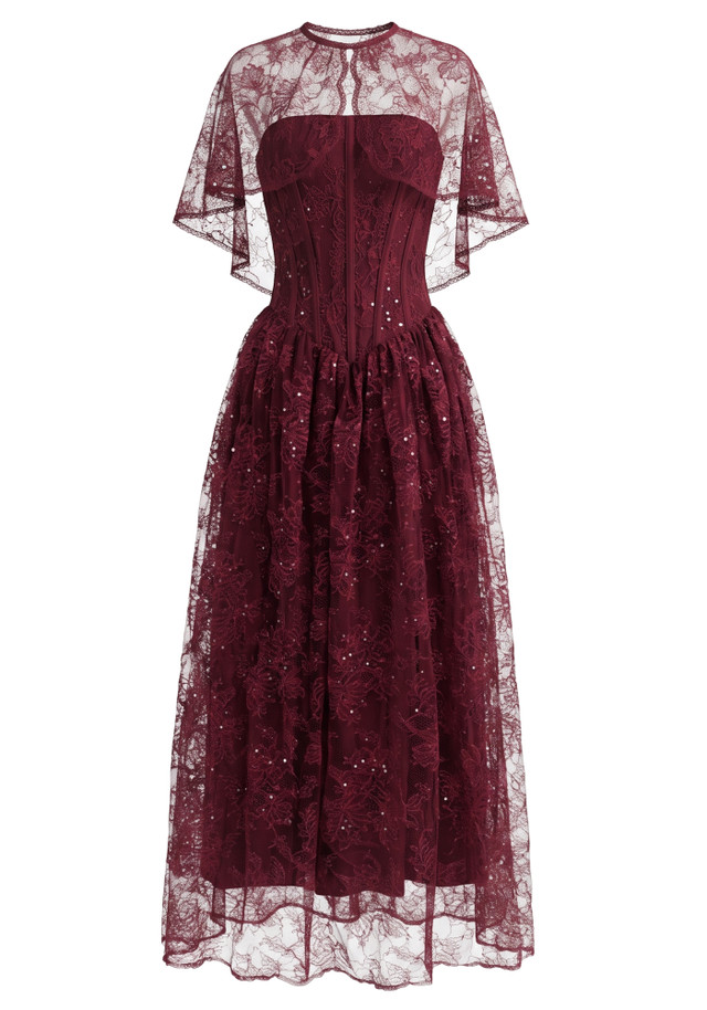 Lace Cape Strapless A Line Maxi Dress Burgundy
