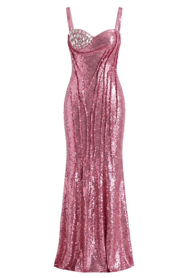 Crystal Bustier Sequin Maxi Dress Pink