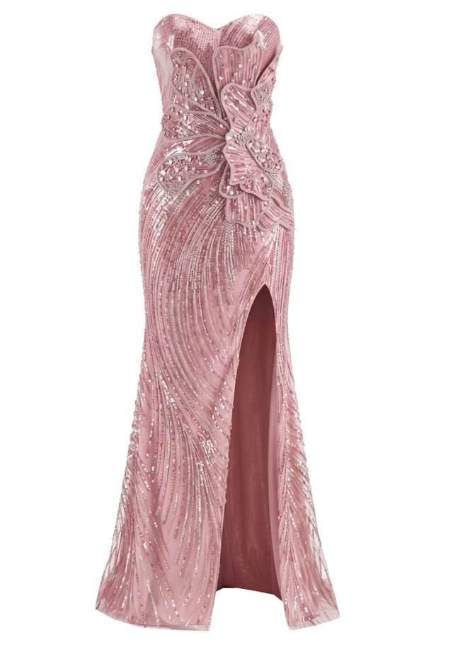 Strapless Crystal Sequin Flower Maxi Dress Pink
