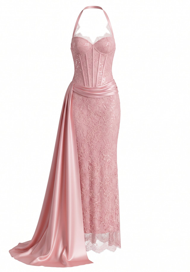 Halter Lace Bustier Maxi Dress Pink