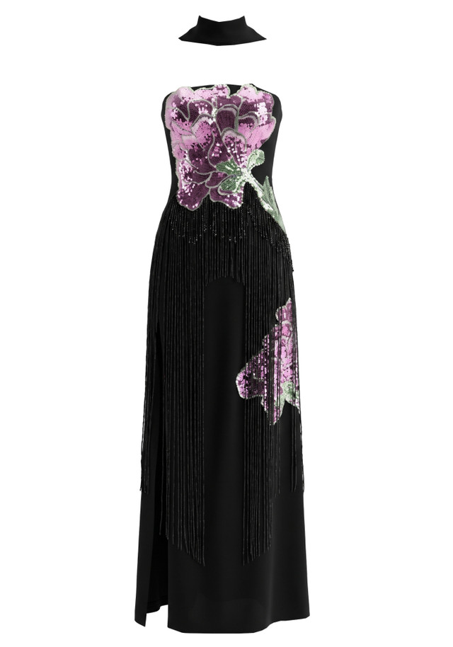 Strapless Sequin Floral Tassel Maxi Dress Black