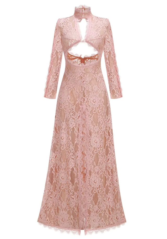 Long Sleeve Cut Out Lace Maxi Dress Pink