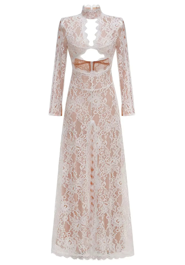 Long Sleeve Cut Out Lace Maxi Dress White