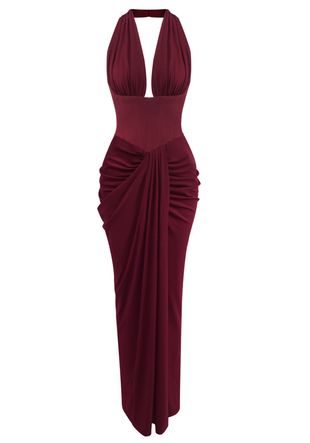 Halter Draped Corset Maxi Dress Burgundy