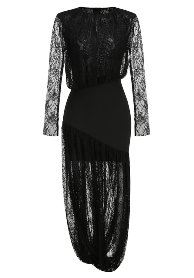 Long Sleeve Draped Lace Maxi Dress Black