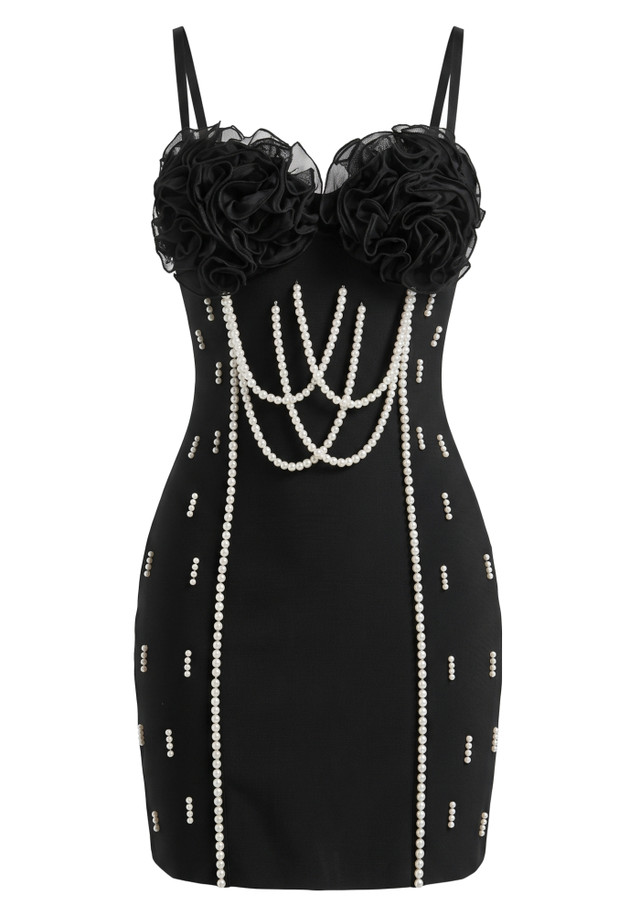 Floral Bustier Pearl Embellished Dress Black
