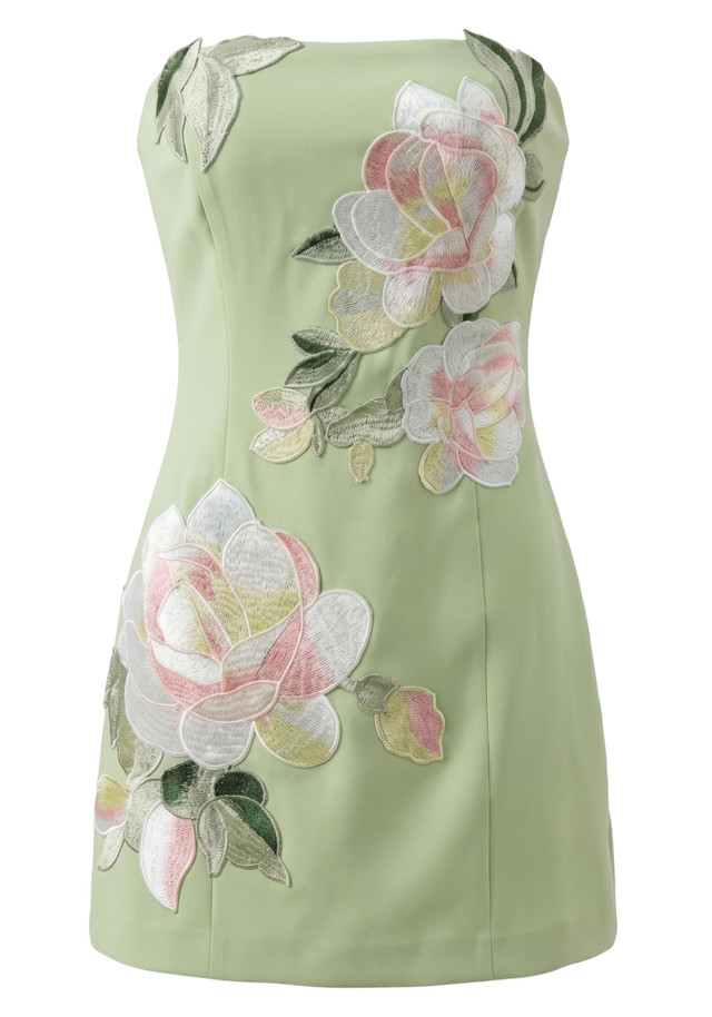 Strapless Floral Embroidered Dress Green