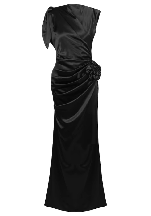 Floral Draped Silk Maxi Dress Black