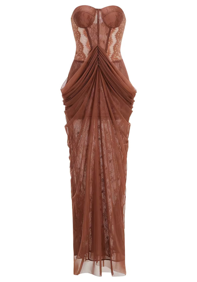 Strapless Draped Lace Maxi Dress Brown