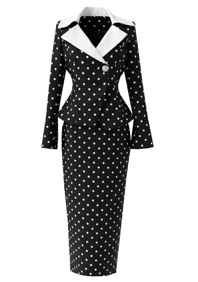 Long Sleeve Polka Dot Midi Two Piece Dress Black