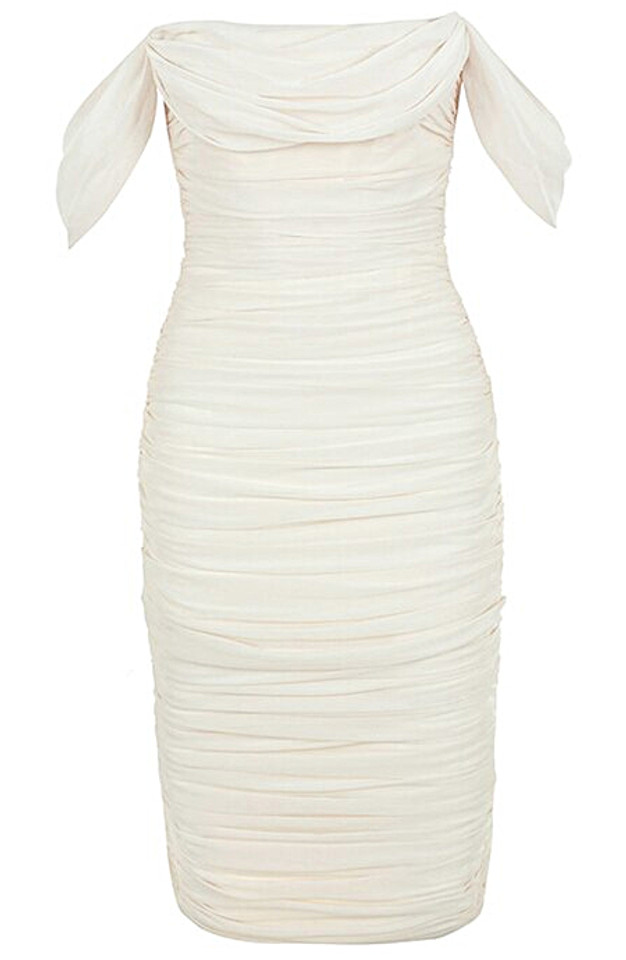 Bardot Ruched Midi Dress White - Luxe Midi Dresses and Celebrity Inspired  Dresses