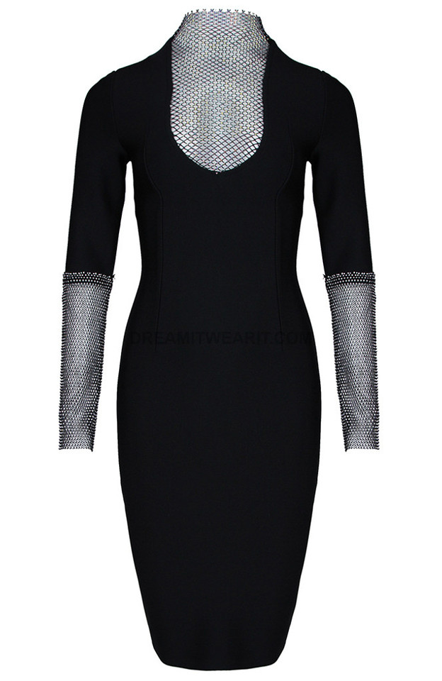 Embellished Panel Long Sleeve Dress Black