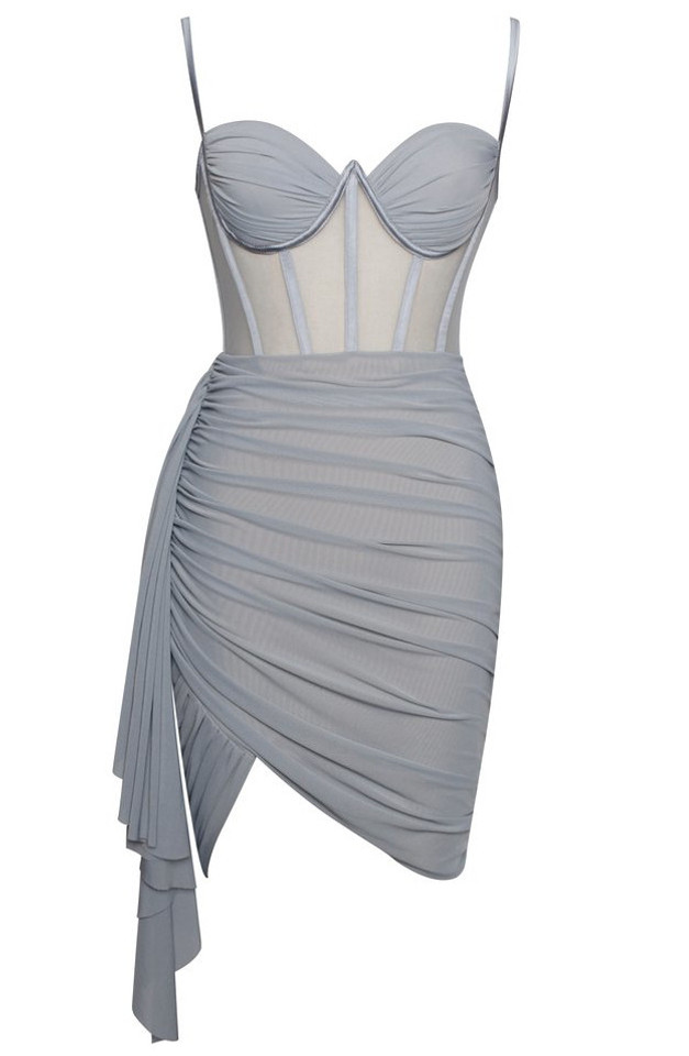 Ruched Bustier Corset Mesh Dress Silver Grey