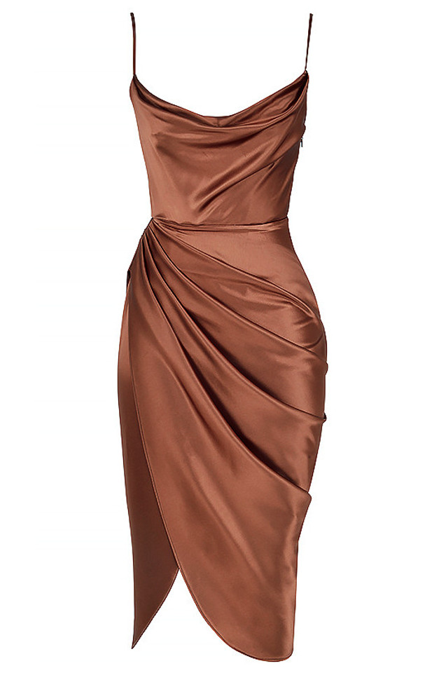 Draped Silk Midi Dress Brown