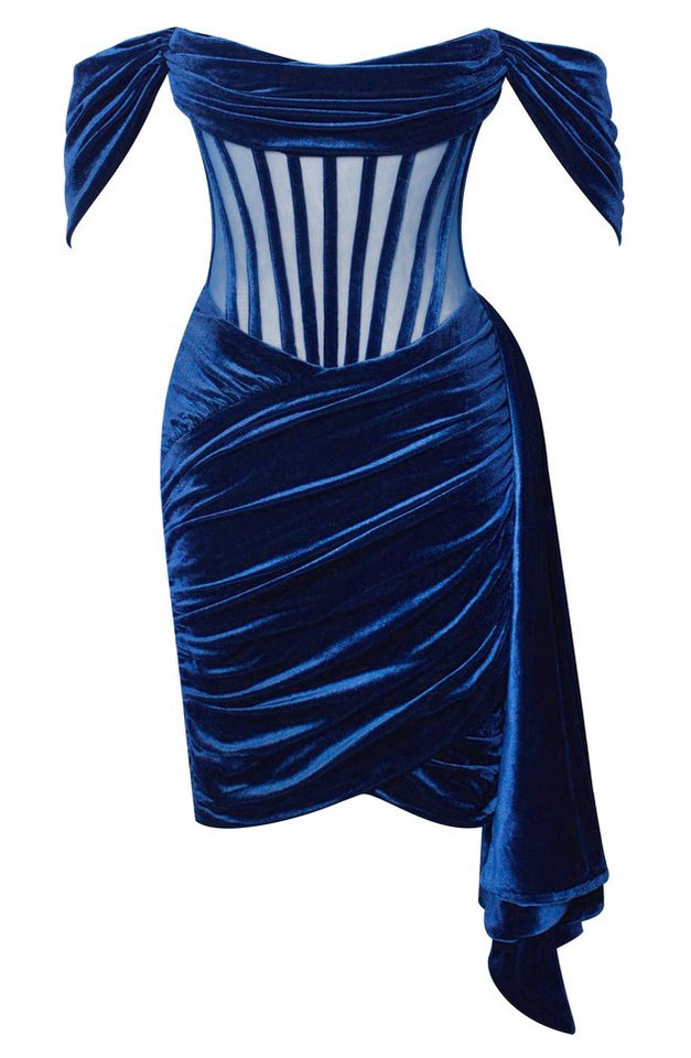 Off Shoulder Draped Corset Velvet Dress Blue