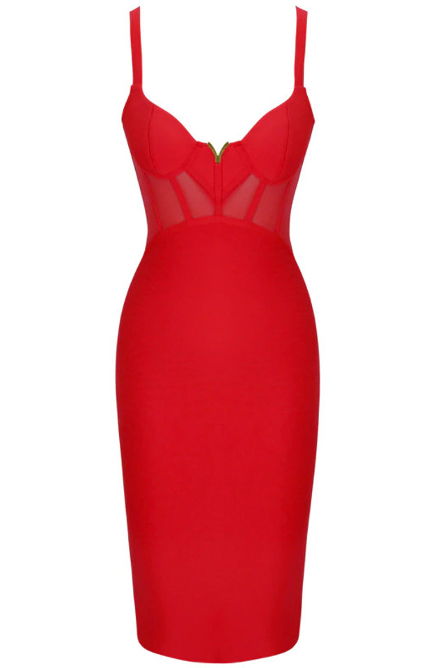 Structured Mesh Midi Dress Red