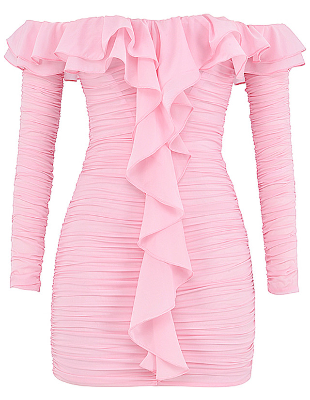 Long Sleeve Off Shoulder Ruffle Draped Dress Pink