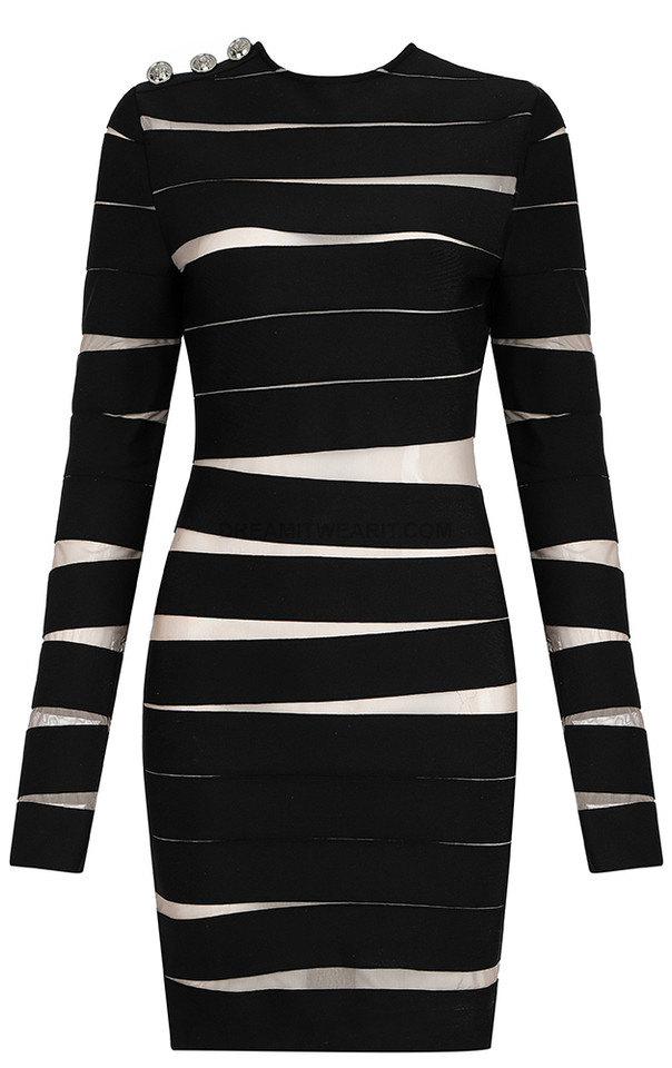 Black Velvet Mesh Insert Long Sleeve Bodycon Dress