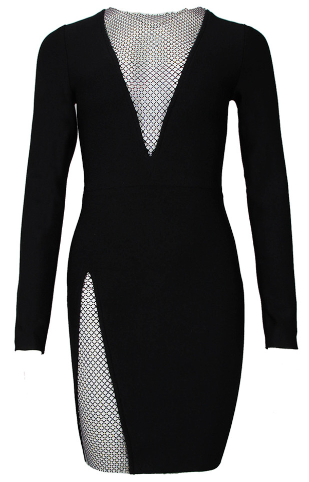 Long Sleeve Embellished Panel Dress Black