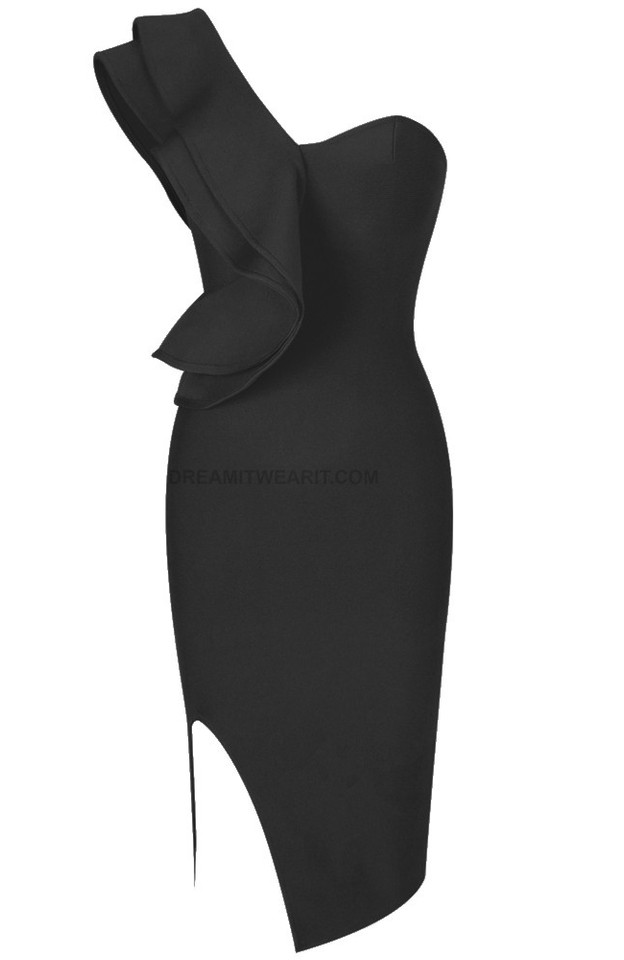 Ruffle One Shoulder Midi Dress Black