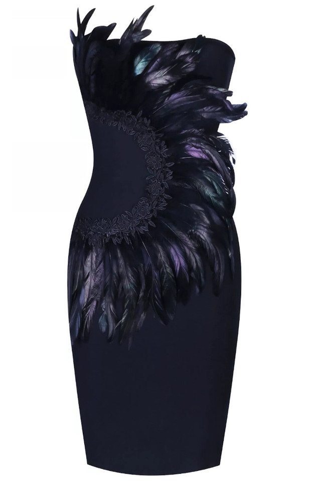 Strapless Feather Detail Midi Dress Black