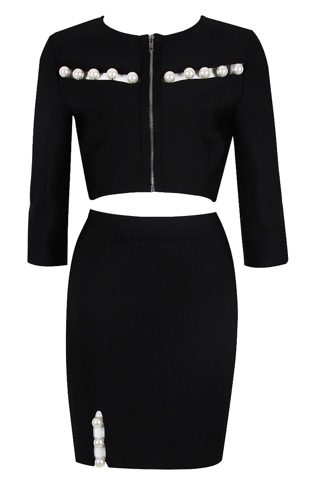 Pearl Detail Two Piece Dress Black