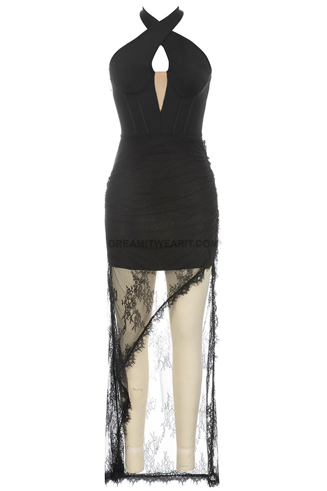 Halter Corset Draped Lace Maxi Dress Black