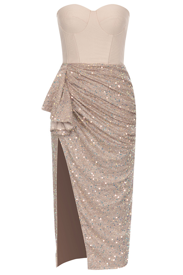 Strapless Bustier Draped Sequin Midi Dress Nude