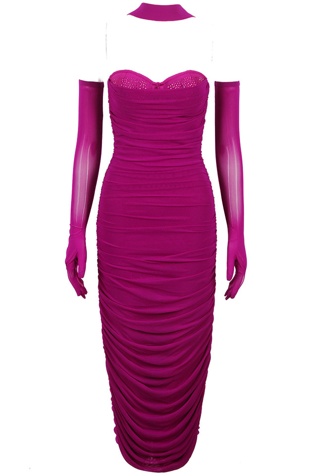 Embellished Bustier Draped Midi Dress Magenta