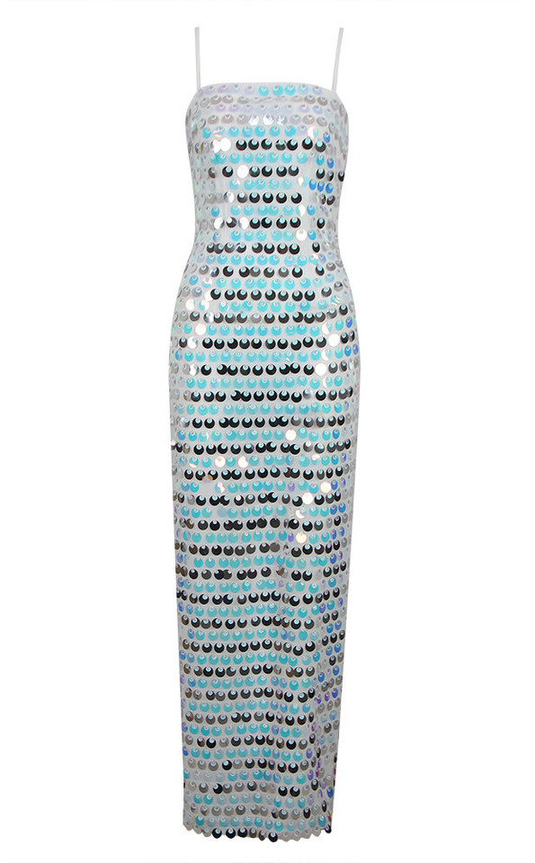 Long Sleeve Big Sequin Backless Maxi Dress Blue - Luxe Maxi