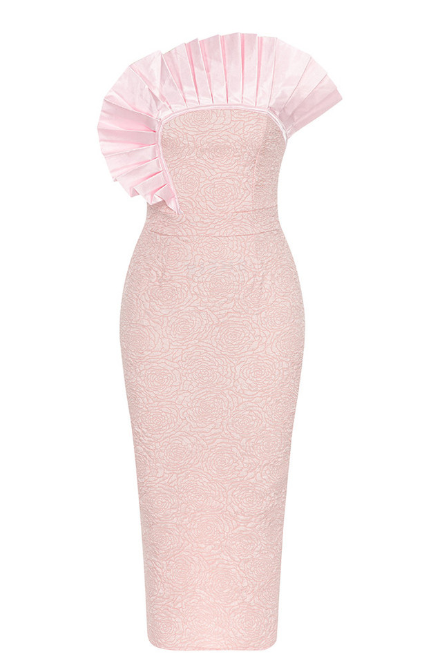Pleated Detail Strapless Midi Dress Pink