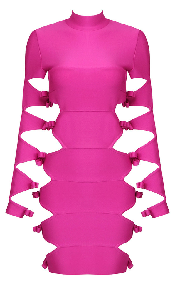 Long Sleeve Side Cut Out Dress Hot Pink