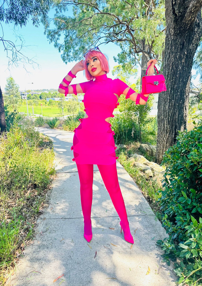 Long Sleeve Side Cut Out Dress Hot Pink