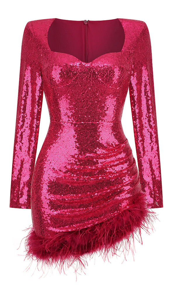 Long Sleeve Bustier Feather Sequin Dress Hot Pink