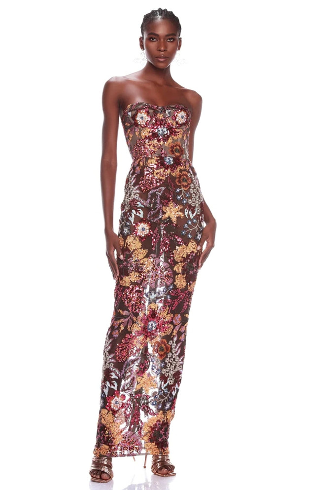 Strapless Floral Sequin Maxi Dress