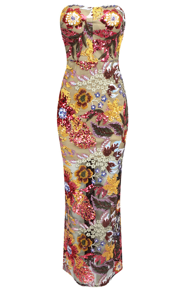 Strapless Floral Sequin Maxi Dress
