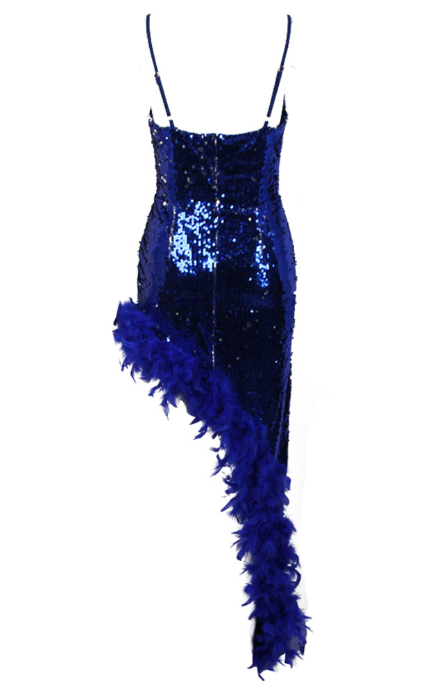 Feather Detail Sequin Maxi Dress Blue