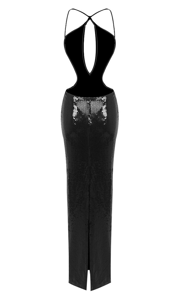 Halter Backless Sequin Maxi Dress Black