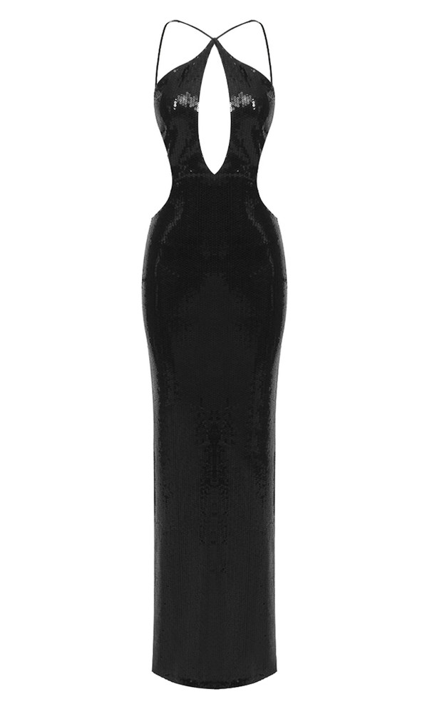 Halter Backless Sequin Maxi Dress Black