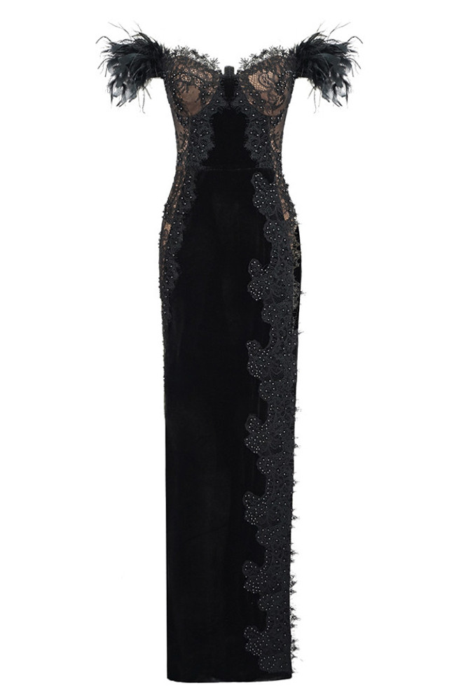 Feather Off Shoulder Embellished Lace Maxi Velvet Dress Black