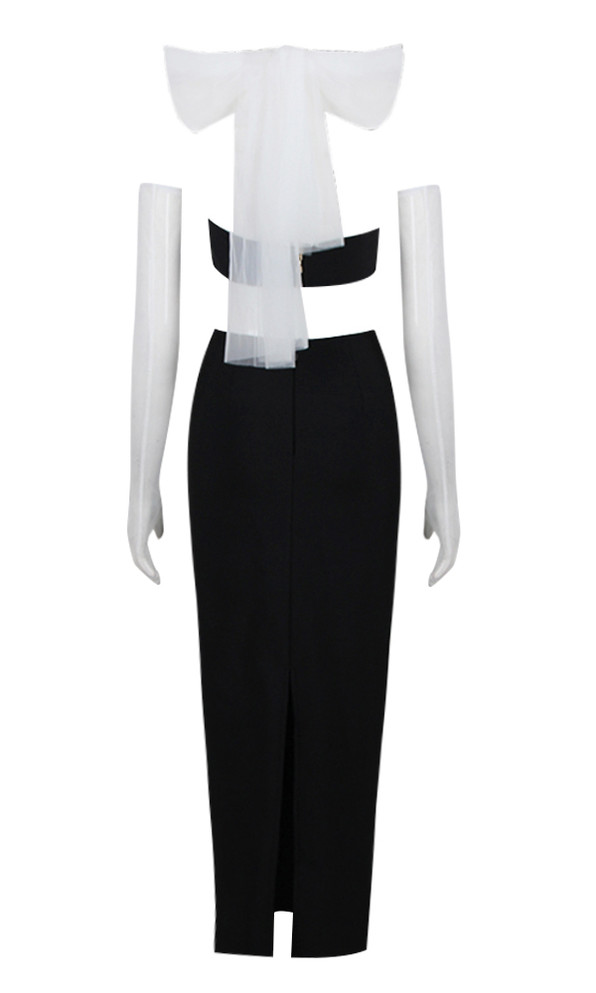 Halter Mesh Two Piece Maxi Dress Black White