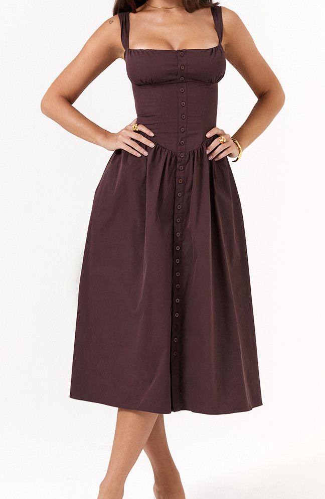 Button Detail Corset Midi Skater Dress Brown